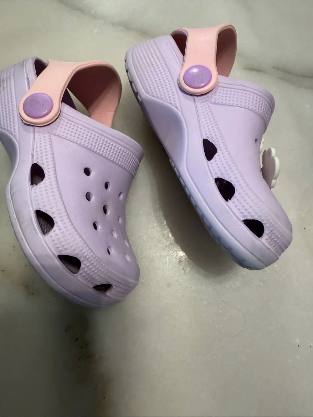 Kids Lavender Clog Sandals with Pink Heel Strap and Rainbow Charm